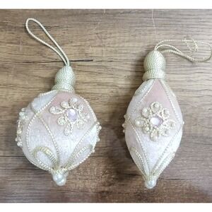 Vtg French Christmas Tree Ornament Pink Fabric Gold Trim Faux Pearl Victorian D5